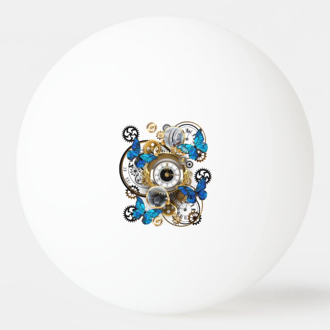 Steampunk Gears and Blue Butterflies Ping Pong Ball (Front)