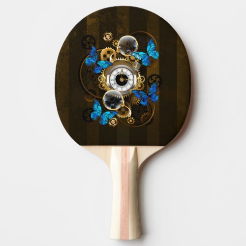 Steampunk Gears and Blue Butterflies Ping Pong Paddle