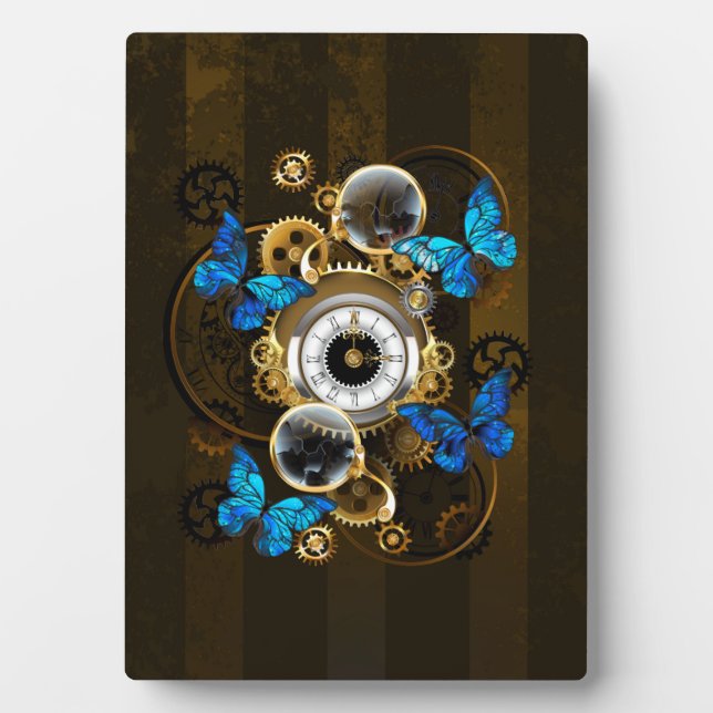 Steampunk Gears and Blue Butterflies Plaque (Front)