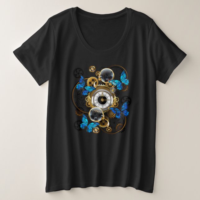 Steampunk Gears and Blue Butterflies Plus Size T-Shirt (Design Front)