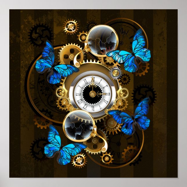 Steampunk Gears and Blue Butterflies Poster (Front)