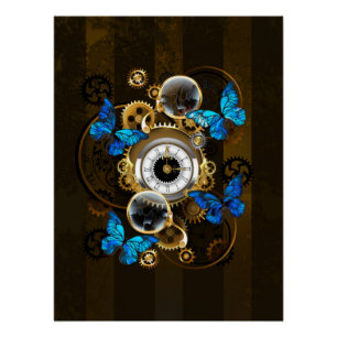 Steampunk Gears and Blue Butterflies Poster