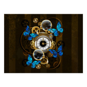 Steampunk Gears and Blue Butterflies Poster