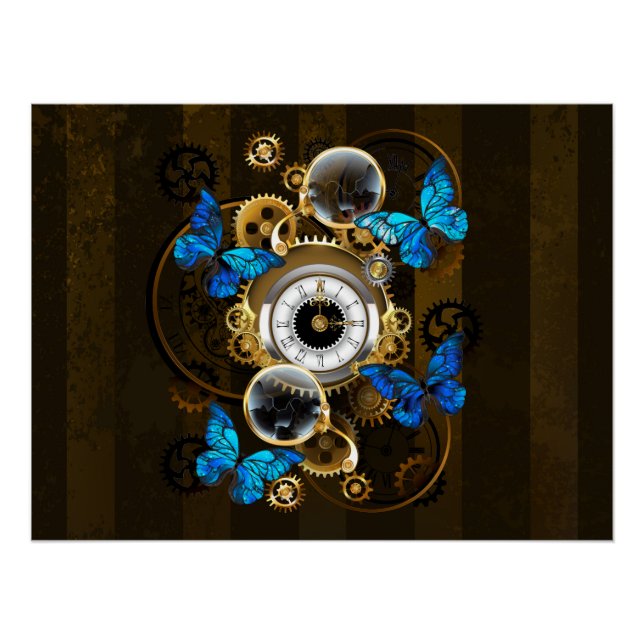 Steampunk Gears and Blue Butterflies Poster (Front)