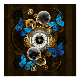 Steampunk Gears and Blue Butterflies Poster