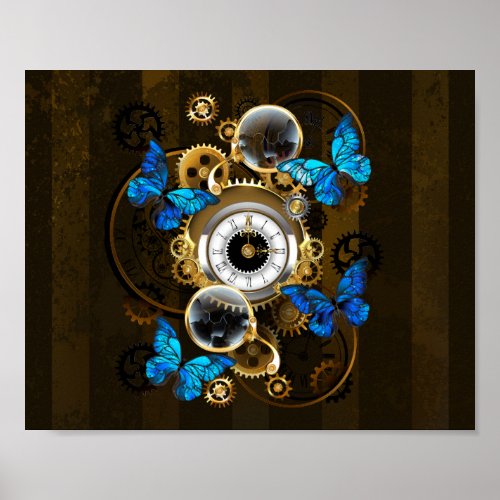 Steampunk Gears and Blue Butterflies Poster