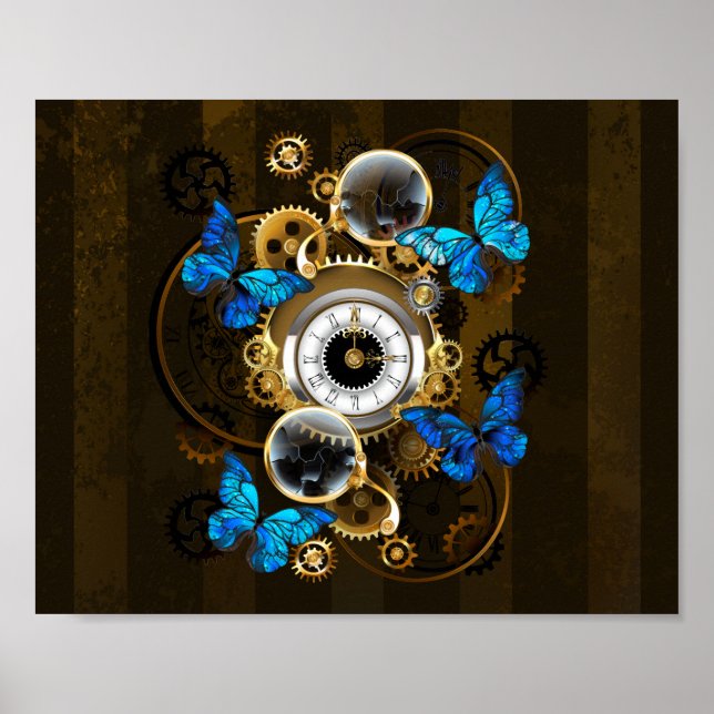 Steampunk Gears and Blue Butterflies Poster (Front)