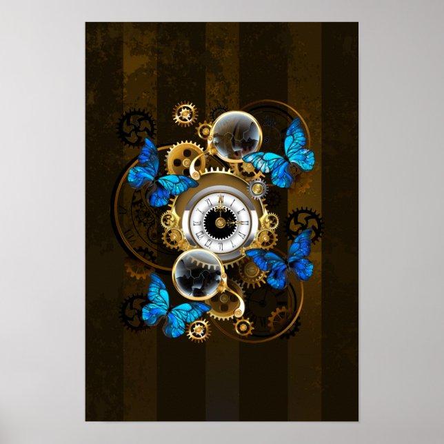 Steampunk Gears and Blue Butterflies Poster (Front)