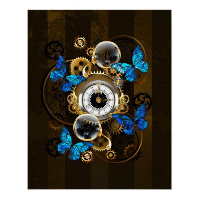 Steampunk Gears and Blue Butterflies Poster (Front)