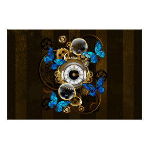 Steampunk Gears and Blue Butterflies Poster