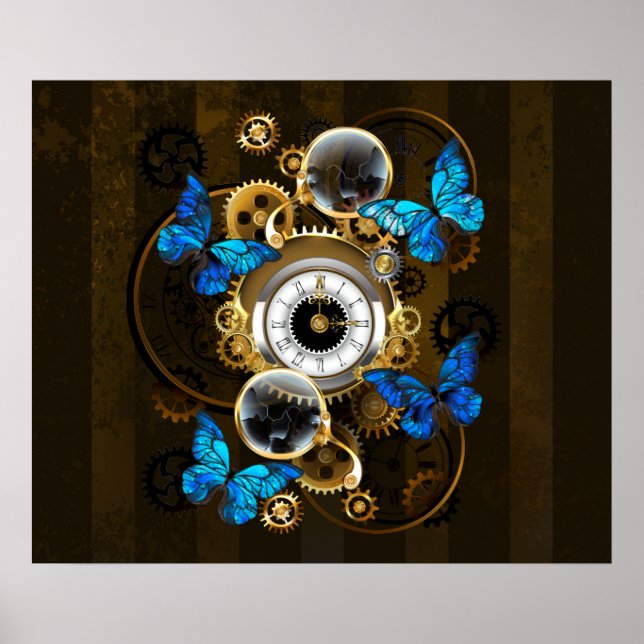 Steampunk Gears and Blue Butterflies Poster (Front)