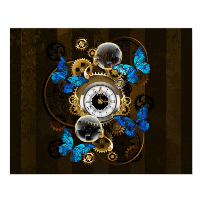 Steampunk Gears and Blue Butterflies Poster (Front)