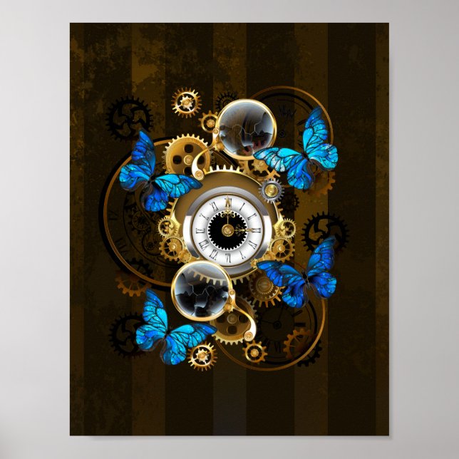 Steampunk Gears and Blue Butterflies Poster (Front)