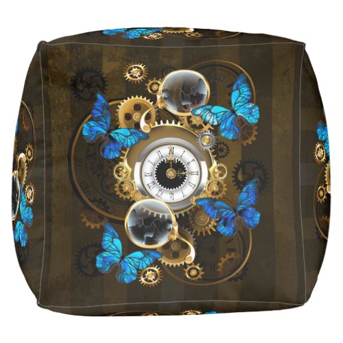 Steampunk Gears and Blue Butterflies Pouf