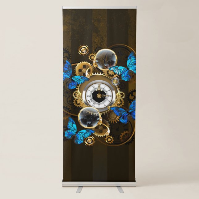 Steampunk Gears and Blue Butterflies Retractable Banner (Front)