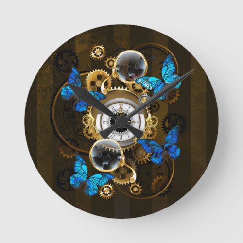 Steampunk Gears and Blue Butterflies Round Clock