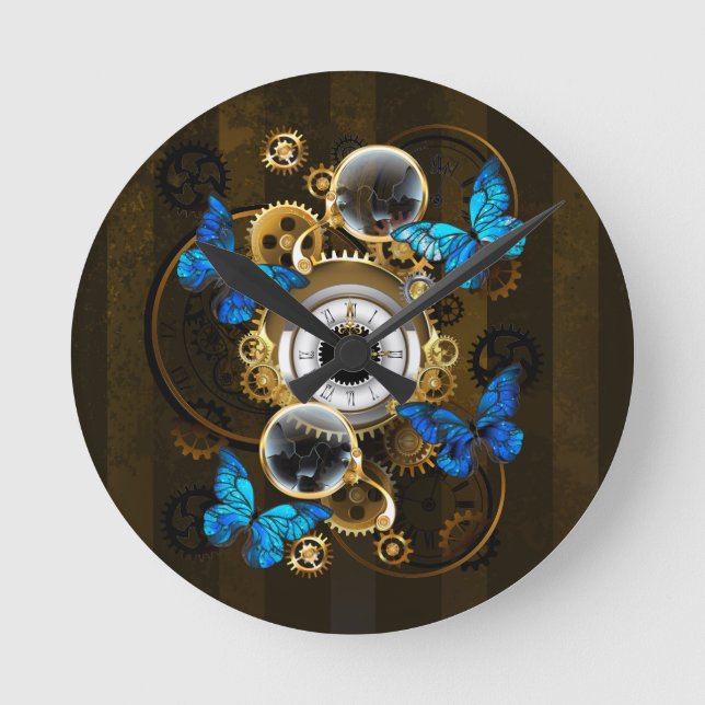 Steampunk Gears and Blue Butterflies Round Clock (Front)