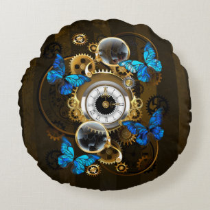 Steampunk Gears and Blue Butterflies Round Pillow