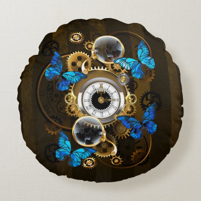 Steampunk Gears and Blue Butterflies Round Pillow (Front)