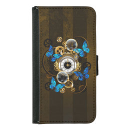 Steampunk Gears and Blue Butterflies Samsung Galaxy S5 Wallet Case
