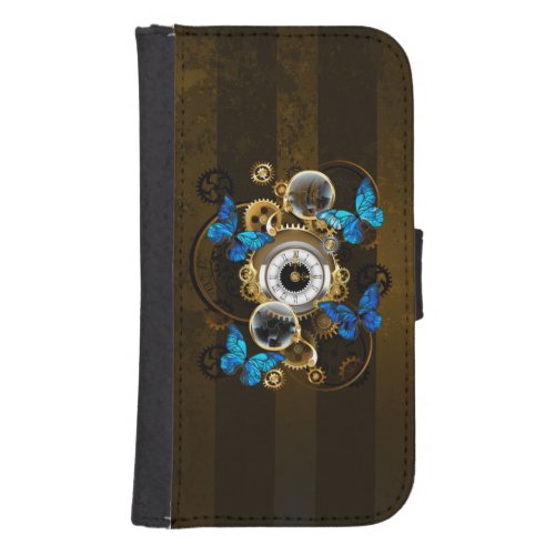 Steampunk Gears and Blue Butterflies Galaxy S4 Wallet Case
