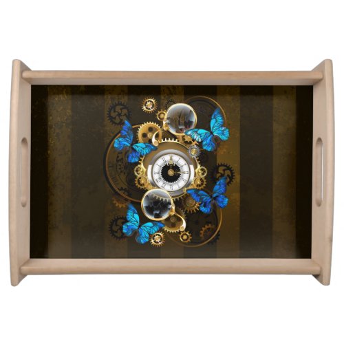 Steampunk Gears and Blue Butterflies Serving Tray