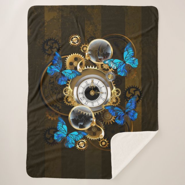 Steampunk Gears and Blue Butterflies Sherpa Blanket (Front)
