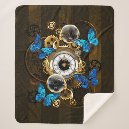 Steampunk Gears and Blue Butterflies Sherpa Blanket