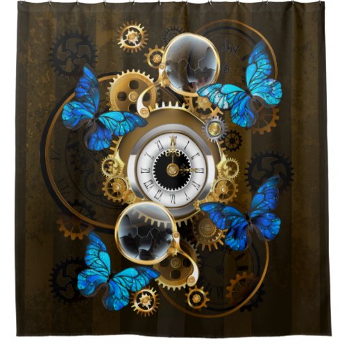 Steampunk Gears and Blue Butterflies Shower Curtain