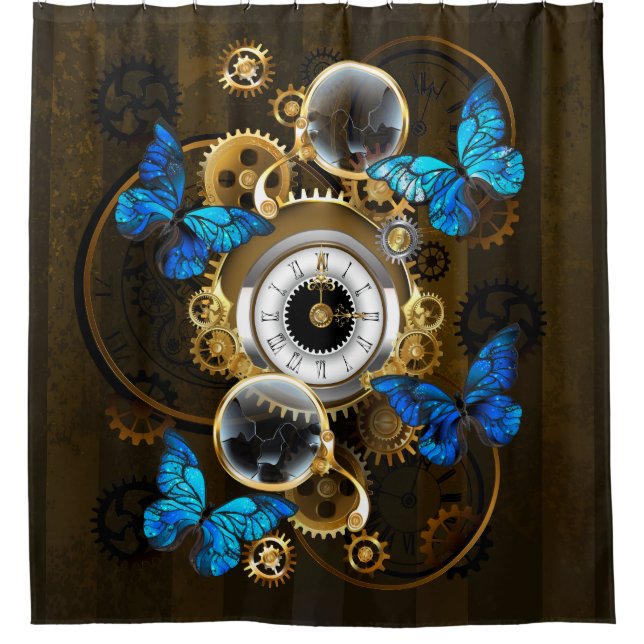 Steampunk Gears and Blue Butterflies Shower Curtain (Front)