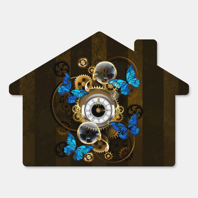 Steampunk Gears and Blue Butterflies Sign (Front)