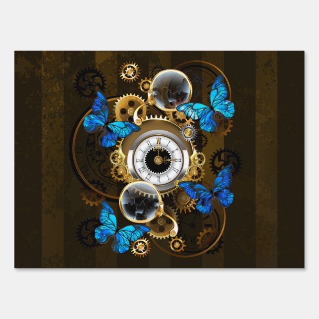 Steampunk Gears and Blue Butterflies Sign (Front)