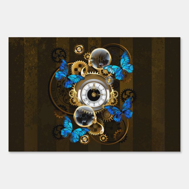 Steampunk Gears and Blue Butterflies Sign (Front)