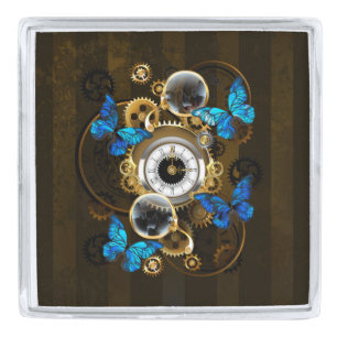 Steampunk Gears and Blue Butterflies Silver Finish Lapel Pin