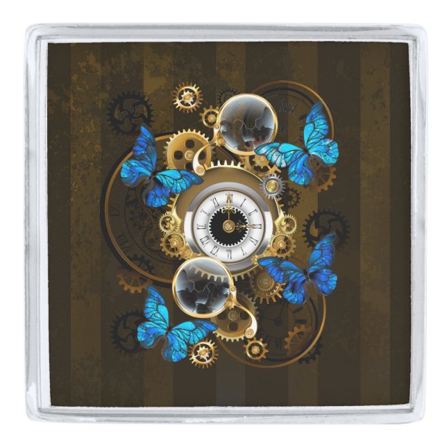 Steampunk Gears and Blue Butterflies Silver Finish Lapel Pin (Front)