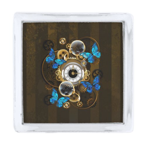 Steampunk Gears and Blue Butterflies Silver Finish Lapel Pin