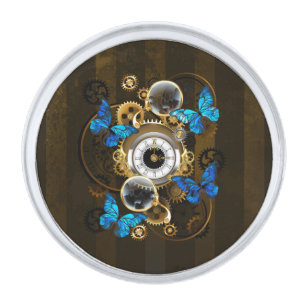Steampunk Gears and Blue Butterflies Silver Finish Lapel Pin