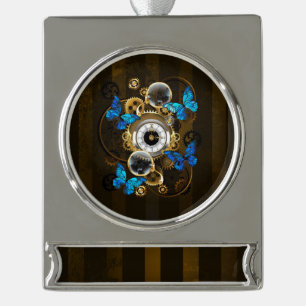 Steampunk Gears and Blue Butterflies Silver Plated Banner Ornament
