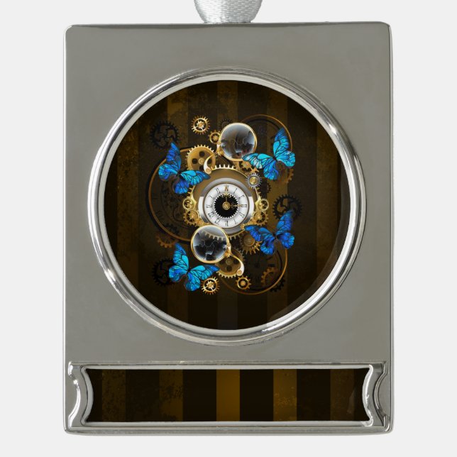 Steampunk Gears and Blue Butterflies Silver Plated Banner Ornament (Front)