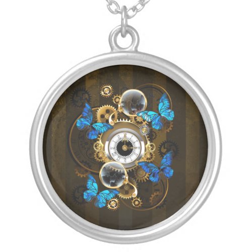 Steampunk Gears and Blue Butterflies Silver Plated Necklace