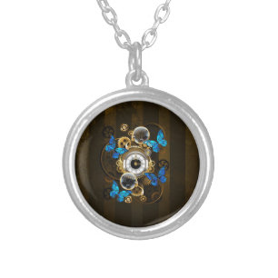 Steampunk Gears and Blue Butterflies Silver Plated Necklace