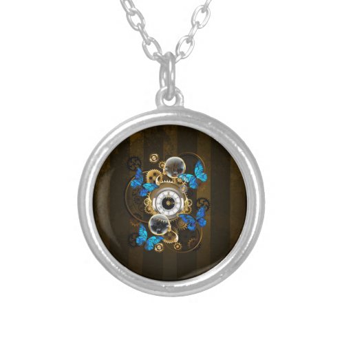 Steampunk Gears and Blue Butterflies Silver Plated Necklace