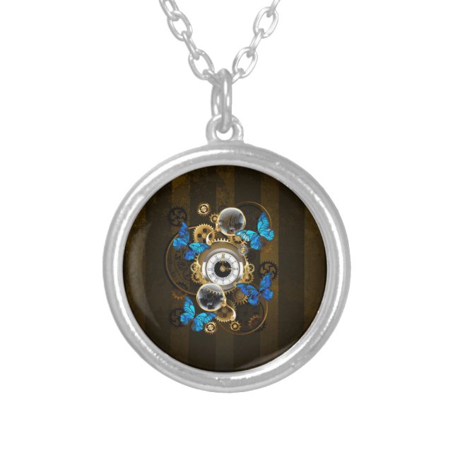 Steampunk Gears and Blue Butterflies Silver Plated Necklace (Front)