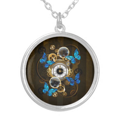 Steampunk Gears and Blue Butterflies Silver Plated Necklace