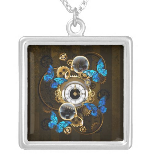 Steampunk Gears and Blue Butterflies Silver Plated Necklace