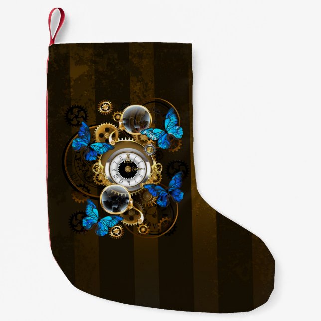 Steampunk Gears and Blue Butterflies Small Christmas Stocking (Front)