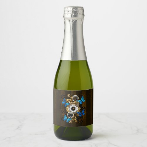 Steampunk Gears and Blue Butterflies Sparkling Wine Label