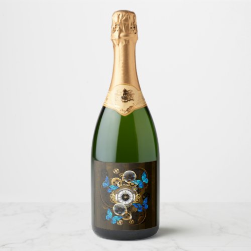 Steampunk Gears and Blue Butterflies Sparkling Wine Label
