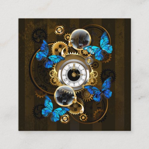 Steampunk Gears and Blue Butterflies Square Business Card