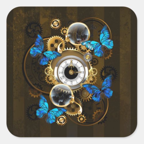 Steampunk Gears and Blue Butterflies Square Sticker